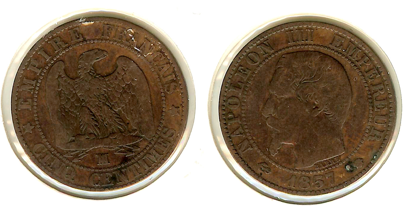 Cinq centimes Napoléon III, tête nue 1857 Marseille TB à TB+
